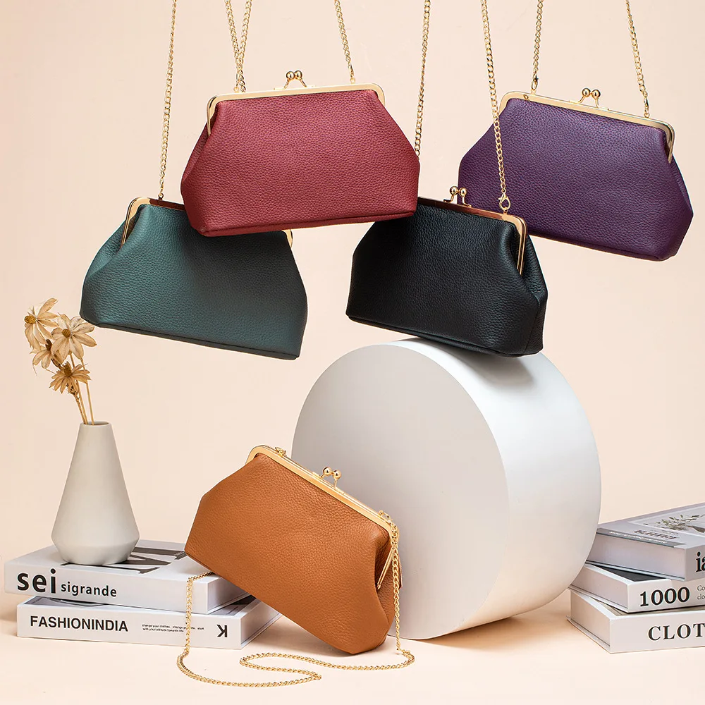 Vintage Kiss Lock Genuine Leather Shoulder Bag Ladies Metal Chain Crossbody Purse large capacity Clutch Bag for Cosmetics Phone
