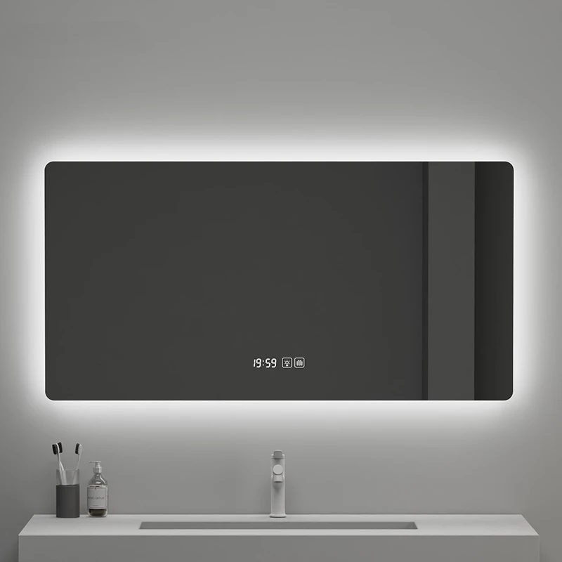 Specchio decorativo quadrato intelligente per la camera da letto dell'hotel, specchio da bagno a LED, retroilluminazione regolabile a 3 colori, rilevamento del corpo umano