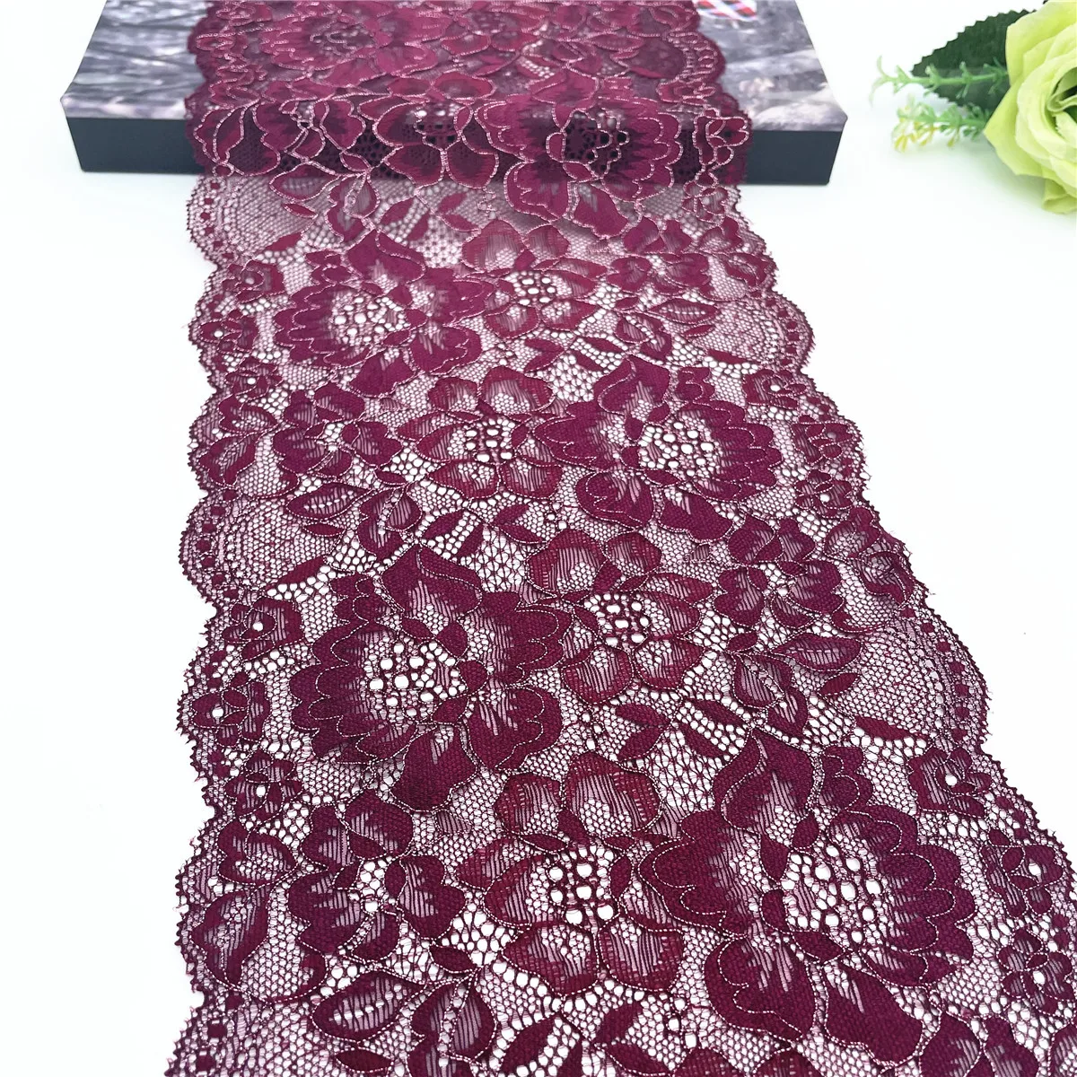 3y/lot Width 17.50cm Burgundy With Silver Elastic Stretch Lace For Skirt Hem Underwear Sewing Craft DIY Apparel Fabrics Material