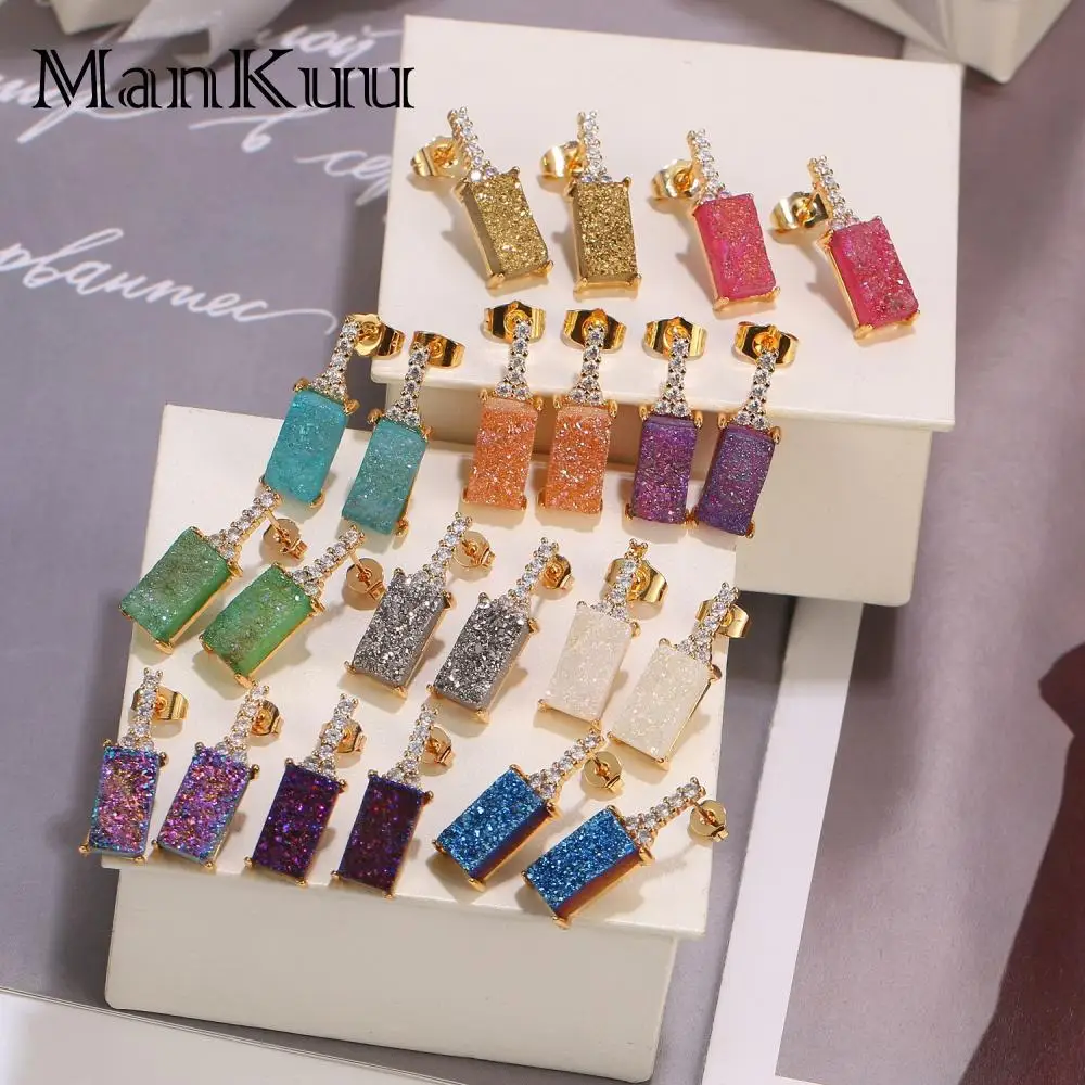 Mankuu Natural Druzy Crystal Rectangle Back Components Match Gold-Plated Copper,Accessory Combination Fashion Jewelry Earrings