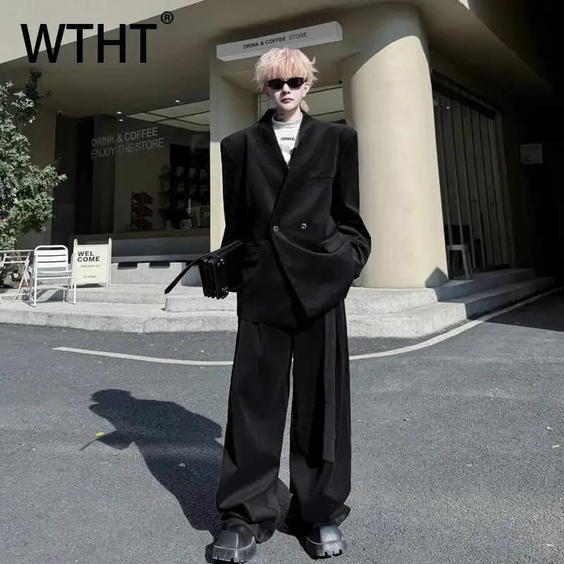 

WTHT модный мужской однотонный пиджак с карманами и v-образным вырезом, длинными рукавами, пальто с поясом, свободные широкие прямые брюки, комплект мужской 2A0238