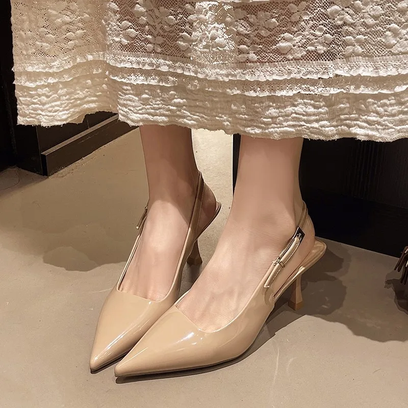 

Belt Buckle One Strap Baotou Sandals Fashion Pointed Toe Shallow Mouth Non-slip Fine Heel Shoes
