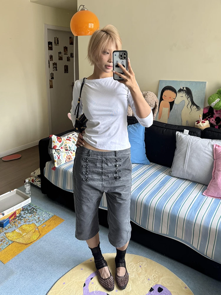 ReddaChic Low Rise Napoleon Bermuda Shorts Women Grunge Vintage Wash Straight Baggy Carpi Cargo Jeans Jorts Retro Streetwear