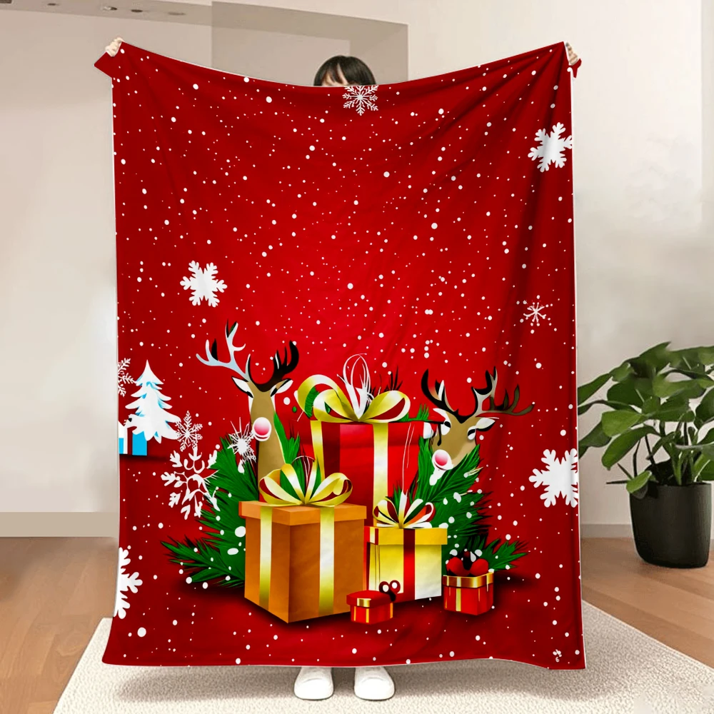 1PC Christmas Reindeer and Gift Box Printed Blanket-Made of soft, fluffy flannel, perfect for a sofa, bed or lounge chair. Ideal