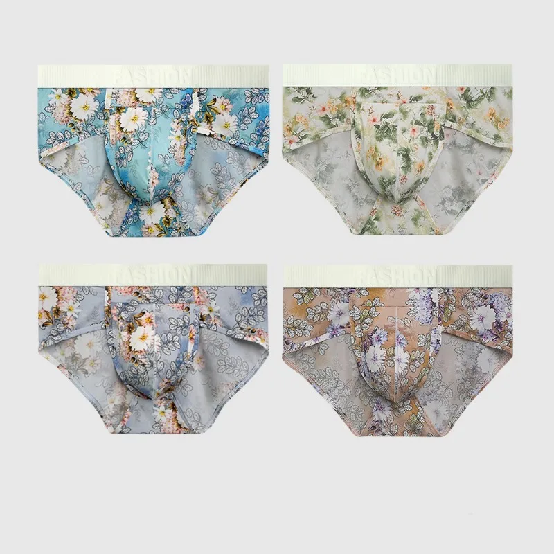 

3 шт., эластичные трендовые мужские трусы, нижнее белье из ледяного шелка, трусы с низкой посадкой, дышащие трусики с цветочным принтом, увеличивающие выпуклость бикини