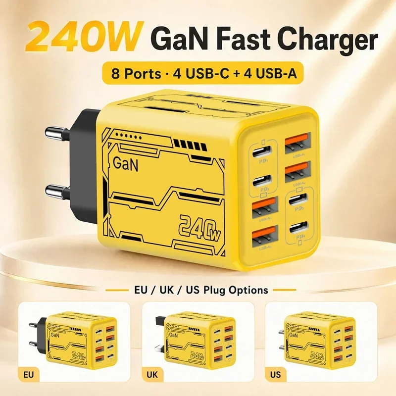 240W GaN Fast Charging Charger Adapter 8‑in‑1 PD Desktop Charger 4Type-C 4USB 8‑Ports Power Adapter For Phone Notebook EU US UK