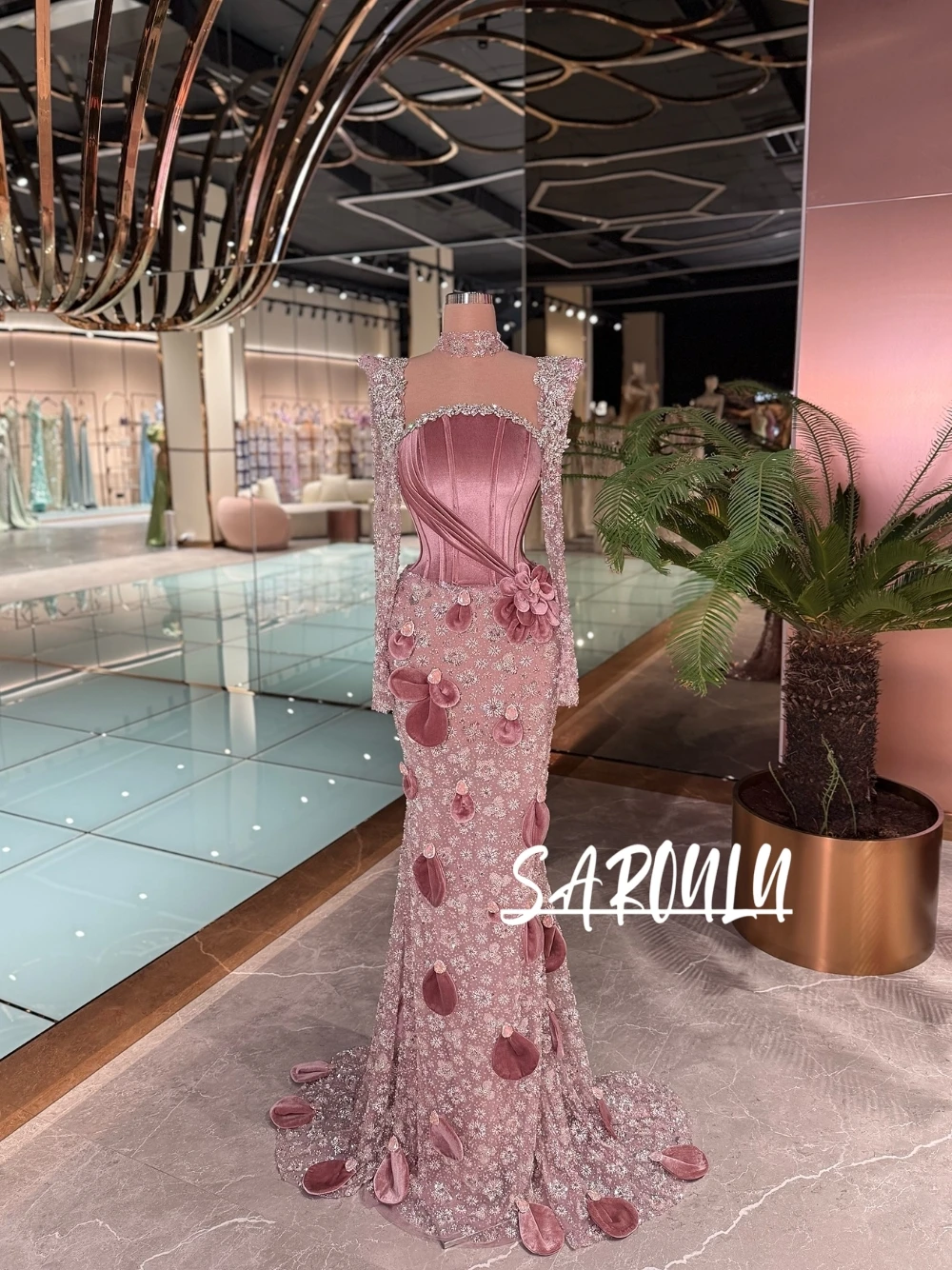 Red Carpet Worthy Handmade Beaded Velvet Evening Dress Stunning Crystals Long Sleeved Floral Mermaid Formal Classy Prom Gown