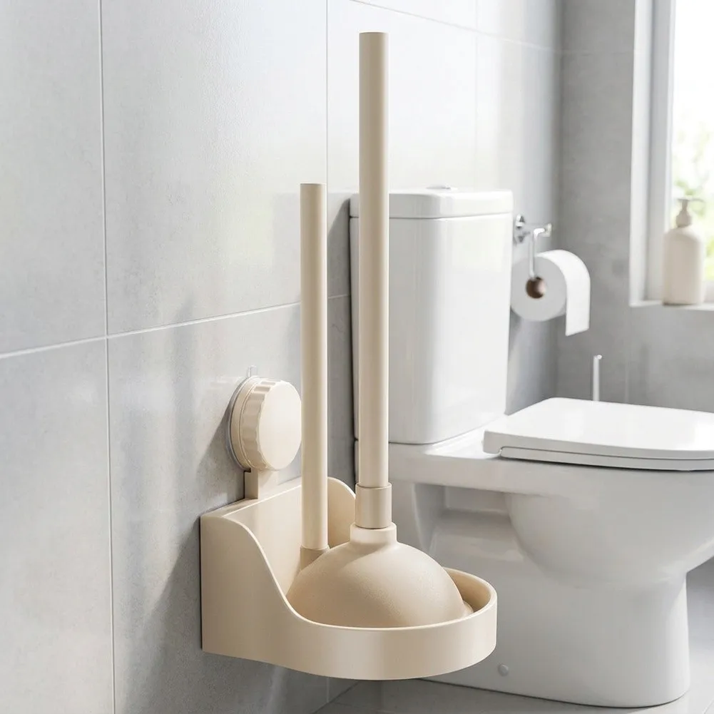Plunger and Toilet Brush Combination with Long Handles and Suction Mount Holders for Comfortable and Effective Cleaning