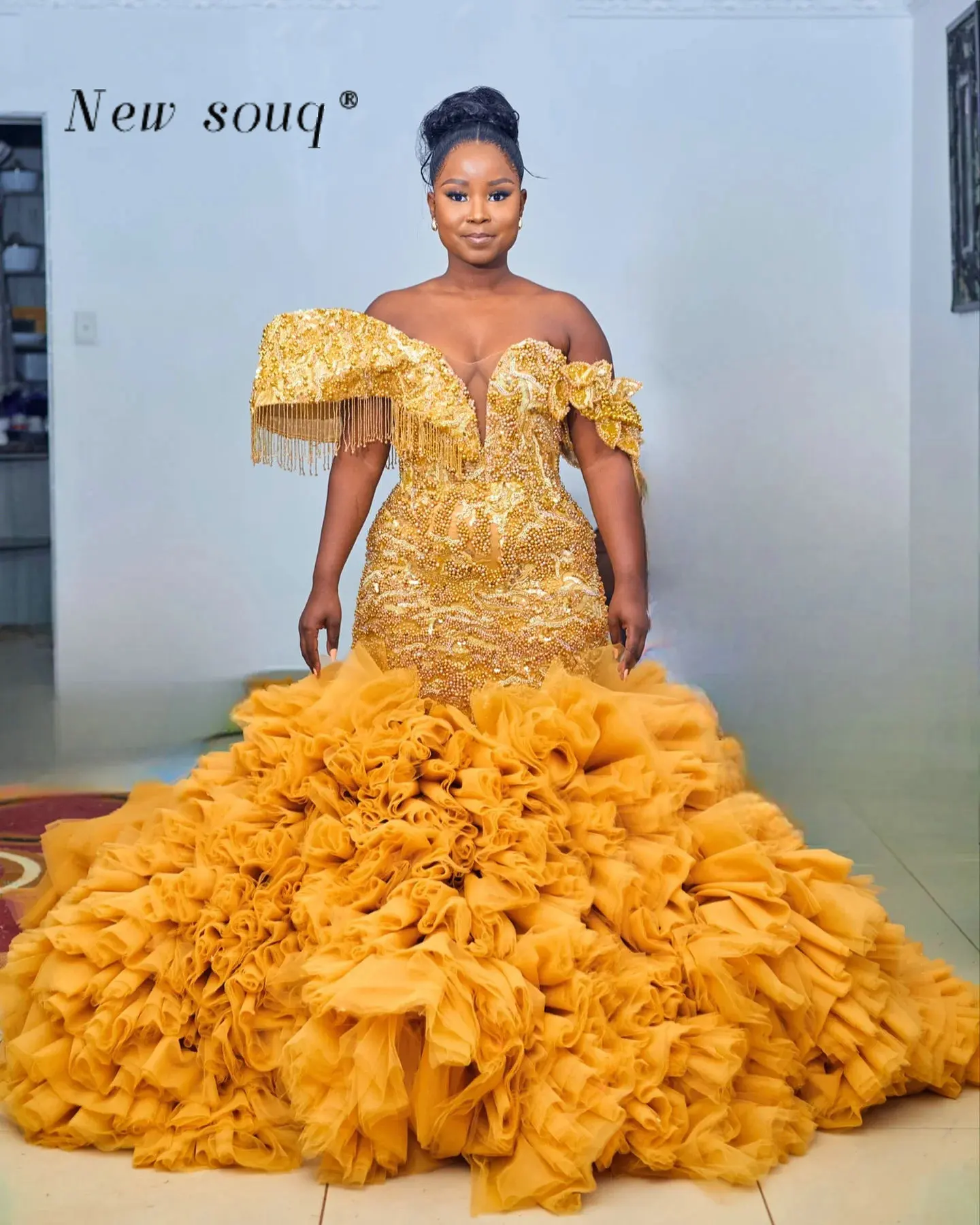 African Aso Ebi Plus Size Gold Mermaid Evening Dresses with Detachable Ruffles Train Beaded Off Shoulder Wedding Party Gowns