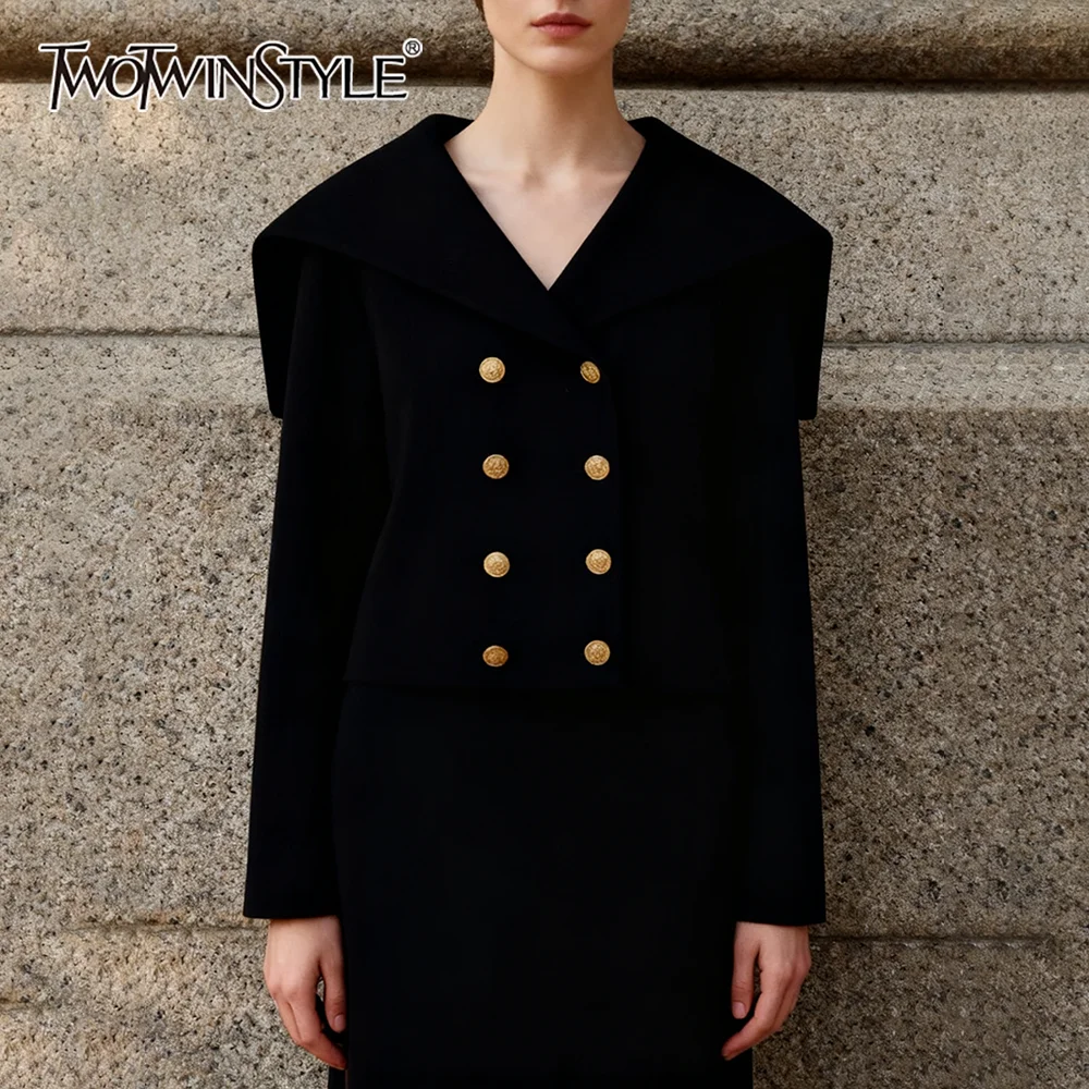 Twotwinstyle preto elegante estilo casual camisola para mulheres lapela mangas compridas emendado duplo breasted cardigans casaco feminino novo