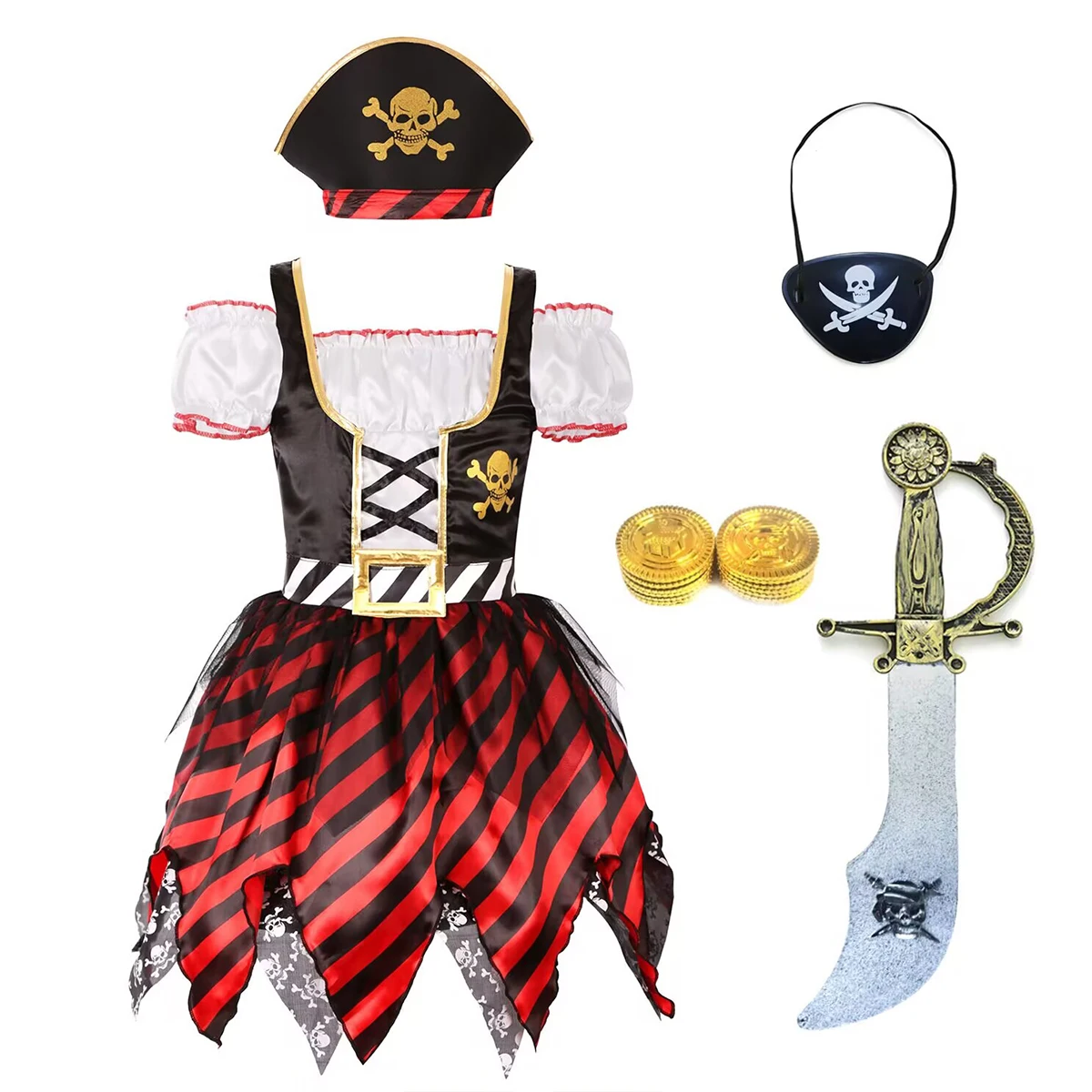 Girls Pirate Costume Dress Set with Hat Eye Patch Gold Coins Sword, Kids Halloween Carnival Party Fancy Outfit