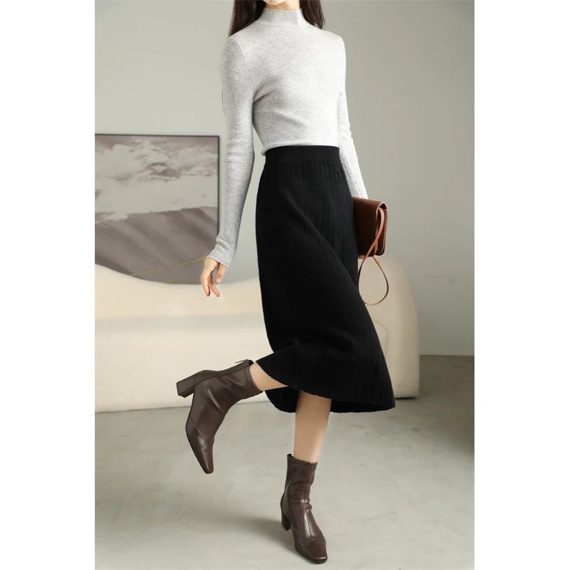 

100% Pure Wool Pleated Skirt Women's Long Over-The-Knee Umbrella Skirt High Waist Bottoming Cashmere A-Line Skirt