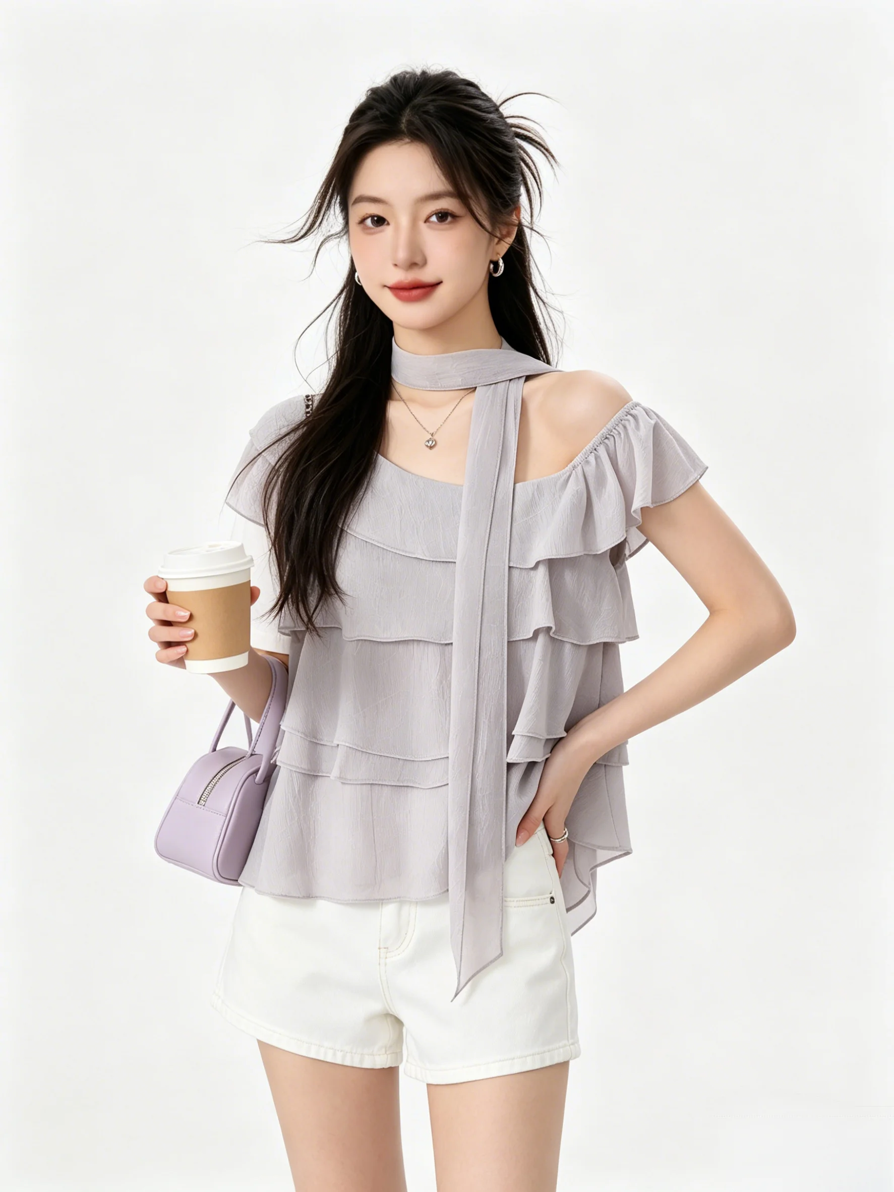 

Korean Style Sweet Short Sleeve Blouse Lace Trim Side Shoulder Design Breathable Casual Women's Top Summer New Arrival