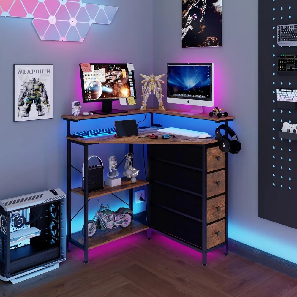 مكتب زاوية مدمج 90 درجة مع إضاءة LED وأدراج ومنافذ طاقة للألعاب والمساحات الصغيرة #4