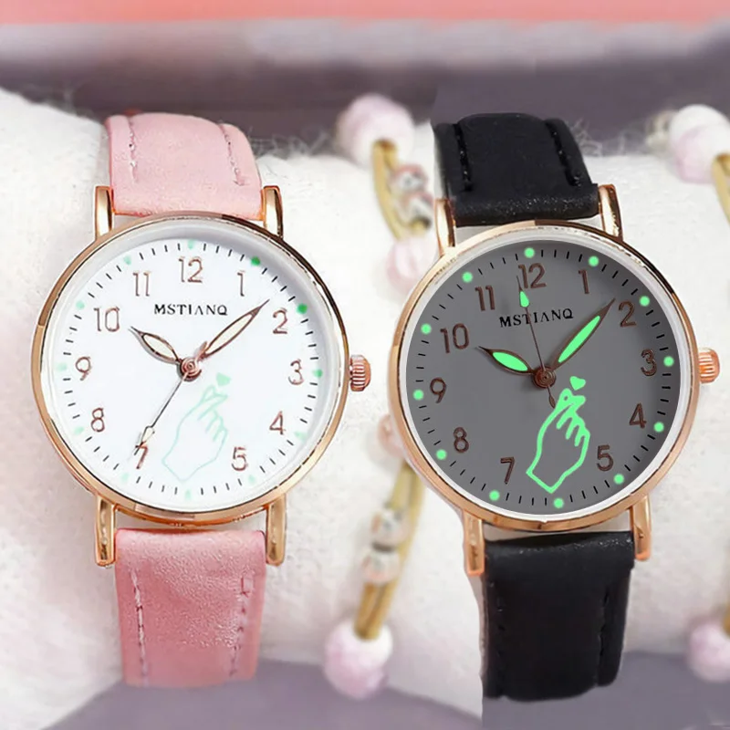 Women\'s Luminous Watches Night Glowing Casual Small Dial Ladies Finger Heart Watch Fashion Girls Pink Quartz Wristwatches Gifts