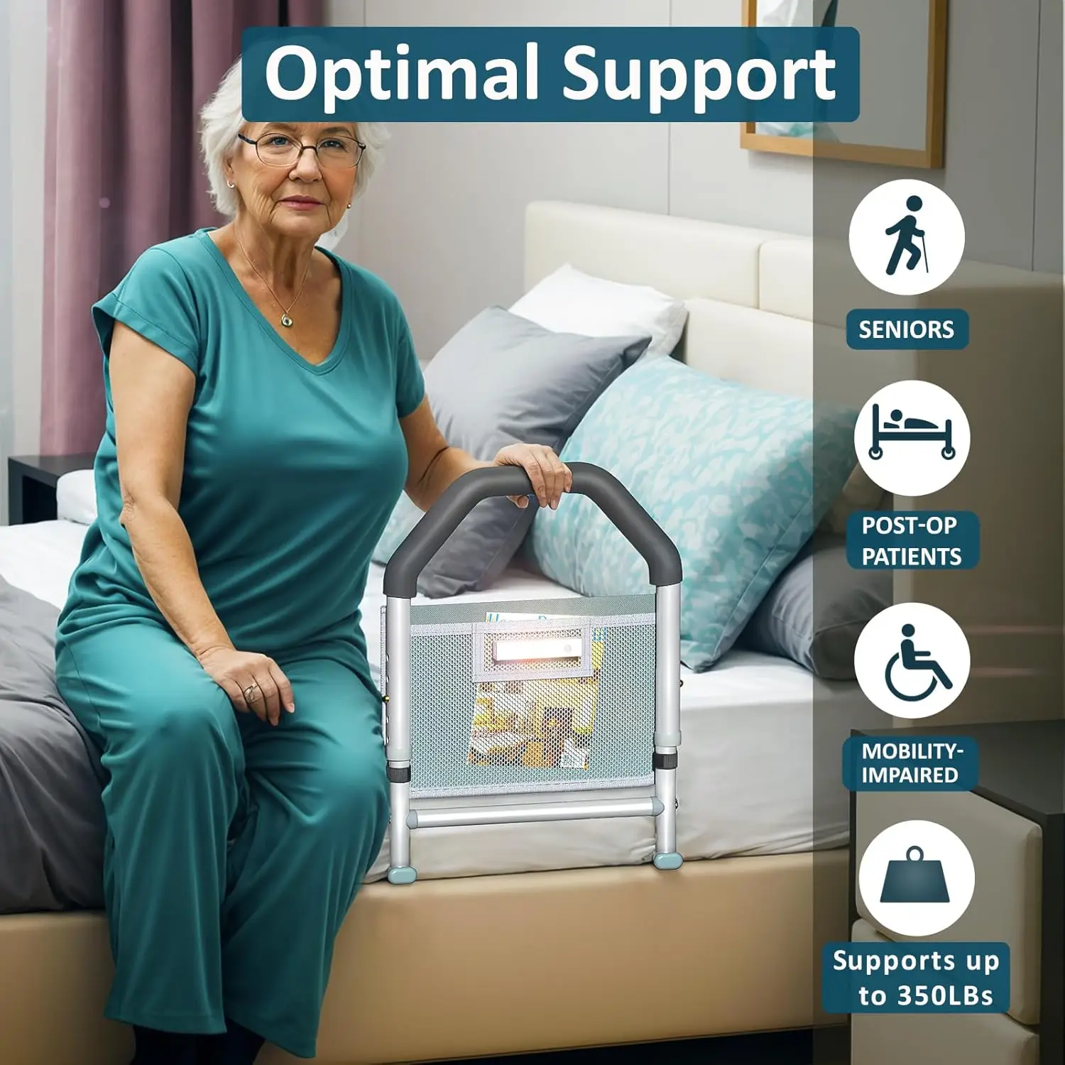 Rails for Elderly Adults Safety - with Motion Light & Storage Pocket - Adjustable Bed Assist Rails for Seniors & Patients - Fits