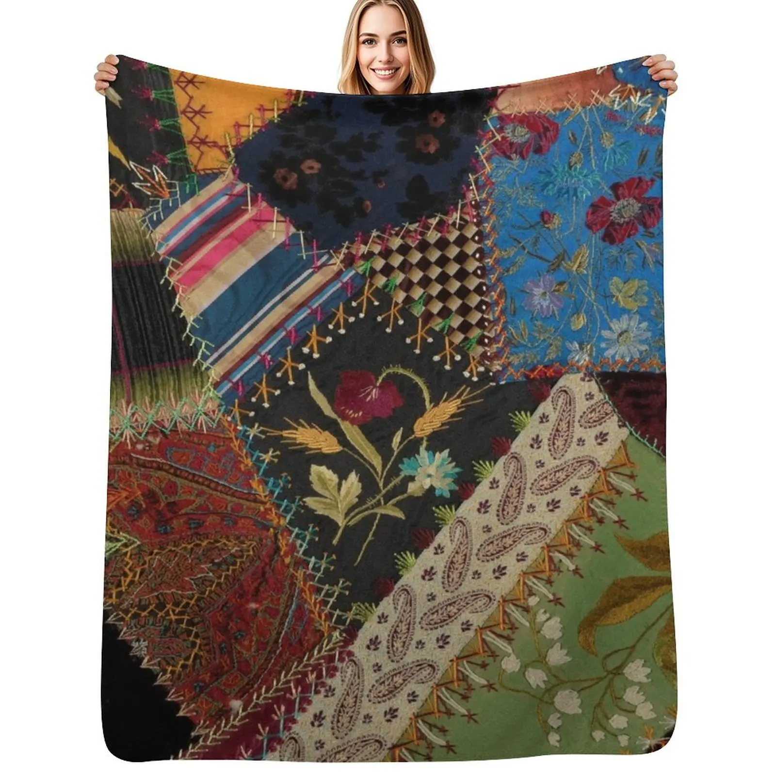 

Vintage Multicolor Floral Patchwork Quilt Throw Blanket cosplay anime Decoratives Bed decorative Blankets