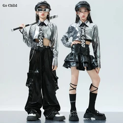 Girls K-pop Silver Jacket Leather Tiered Skirt Cargo Pants Clothes Set Kids Hip Hop Street Dance Costumes Child Teens Streetwear