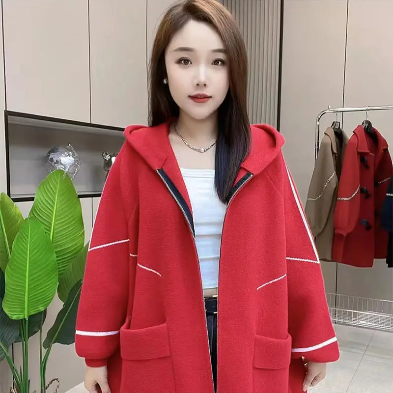 Middle Elderly Chubby Weighing Pounds Loose Imitation Woolen Knitted Pockets Women's Hooded Double-sided Korean Version Coat