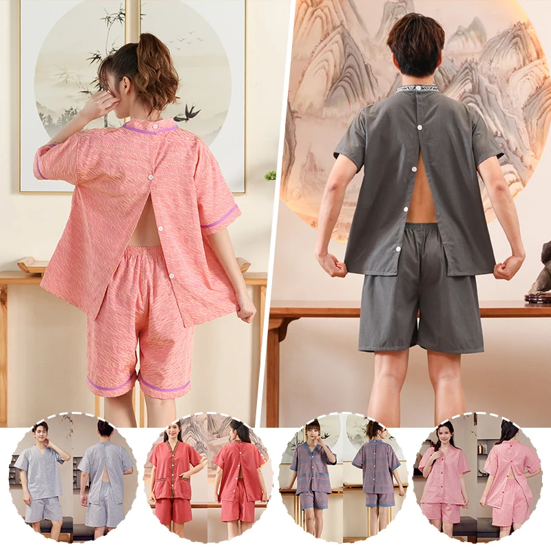Cotton Sauna Suit Women Men Pajamas Summer Comfort Sweat Sauna Cardigan Cupping Back Massage Acupuncture Physiotherapy Clothes
