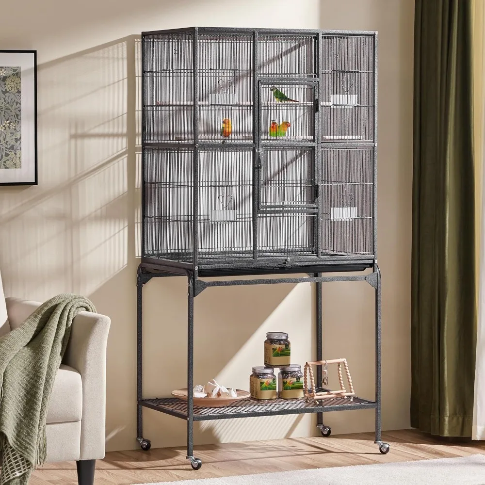 

63-Inch Wrought Iron Rolling Large Bird Cage for African Grey Small Quaker Amazon Parrots Canary Bird Flight Cage