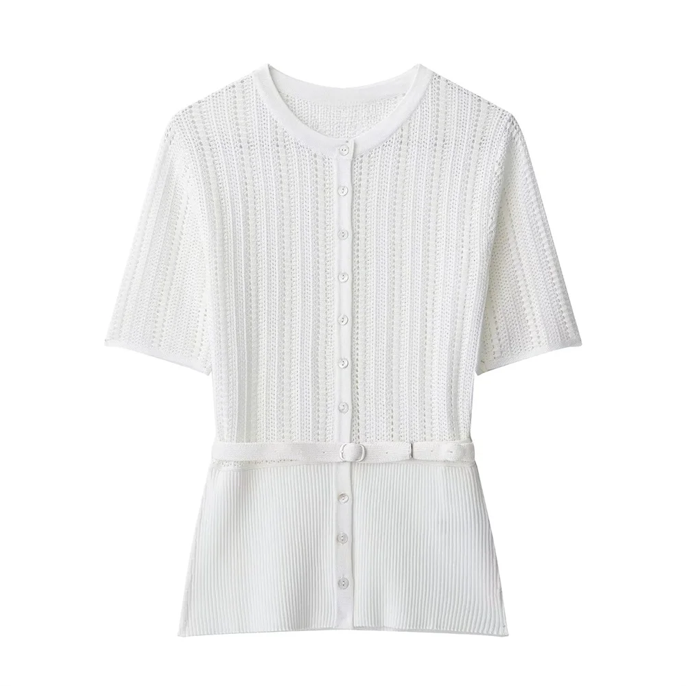 

PB&ZA2025with belt jacquard mesh hollow knitted round neck single-breasted short-sleeved casual tops for summer women
