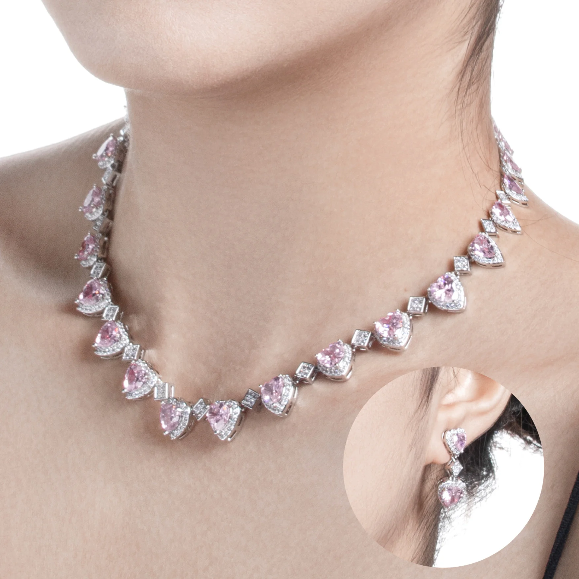

Fashion Korean Heart Zircon Necklace Earrings Set Elegant Versatile Jewelry For Party Daily Casual Wear