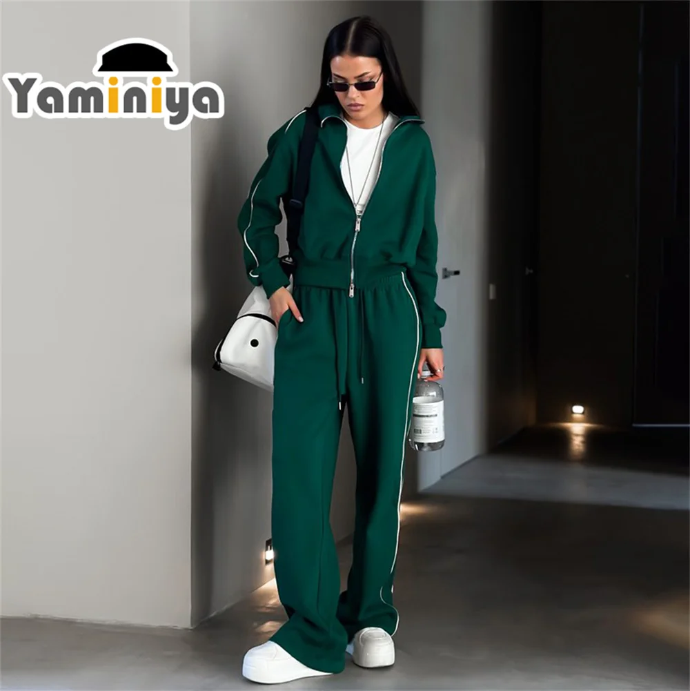 Yaminiya Autumn Women's Tracksuit Hoodie Set Sports 2 Pieces Loose Drawstring Trousers Monochrome Jackets Stylish And Stylish