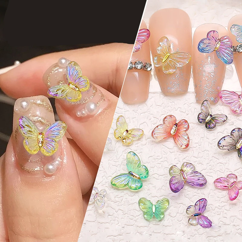 30Pcs Colorful Aurora Butterfly Nails Decoration Jelly Resin Butterfly Decals Nail Charms Manicure Butterfly Parts