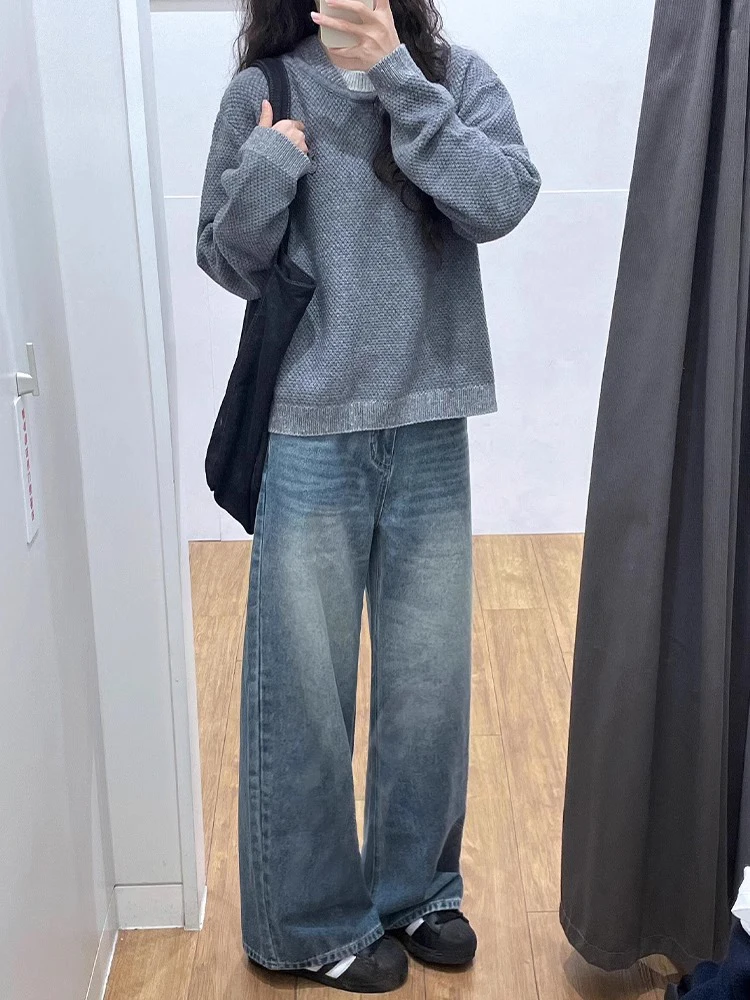 

Retro Blue Washed Denim Jeans Men's Autumn Winter American High Street Straight Leg Wide Leg Loose Slimming Capri Pants
