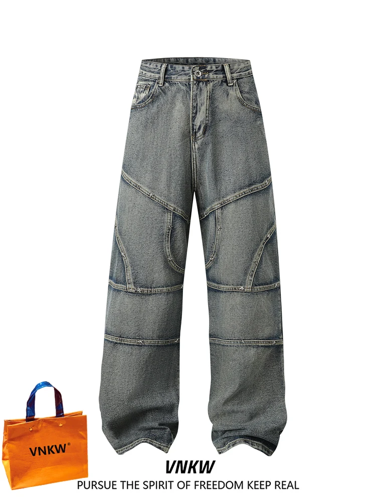 

Retro American Rivet Waed Men's Jeans Loose Straight Leg Wide Leg Pants Couple Floor Length Trousers Youth Trendy Wear