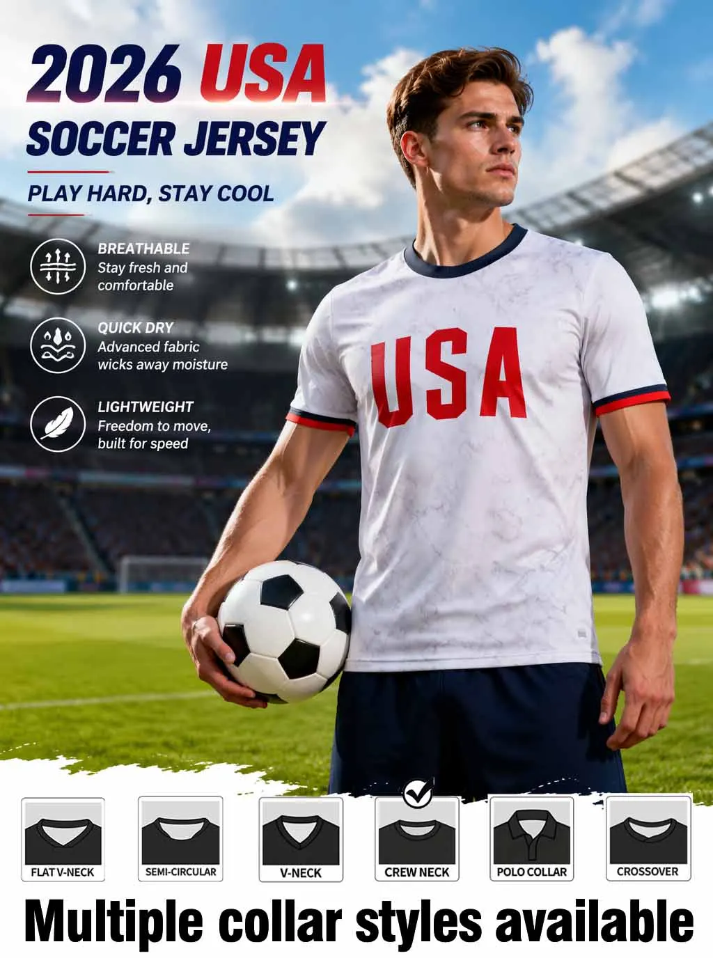 USA themed football jersey,minimalist cut,classic red‑white‑blue details,breathable fabric,athletic fit