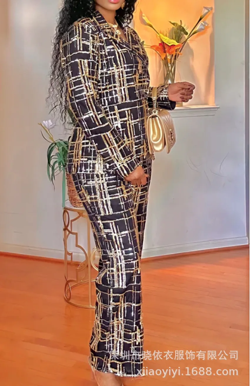 

Пиджаки с отложным воротником и длинными рукавами, широкие брюки, осень-зима 2024, новые модные женские повседневные модные комплекты из 2 предметов с блестками