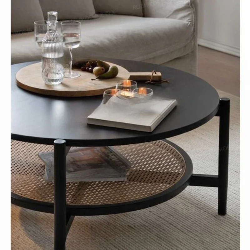 Japanese-style coffee table living room household solid wood rattan ins Changhong glass double-layer round simple modern 4