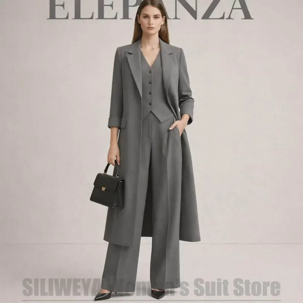 Women's Gray Three Piece Suit Set Fashion Long Coat Vest Pants Office Business Formal Wear Elegant Casual Daily Work Outfit