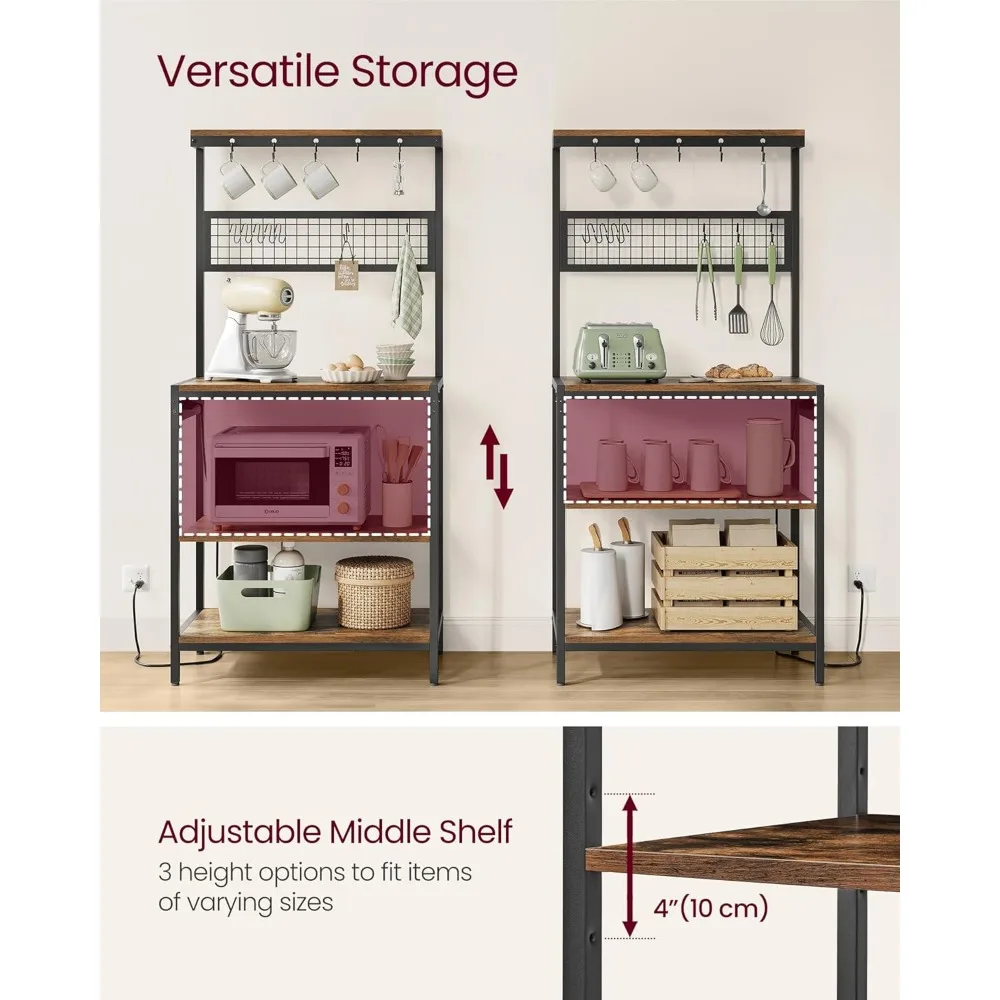 حامل قهوة مع رف قابل للتعديل، طول 31.5 بوصة، محطة شحن، 12 خطافًا، لوحة شبكية