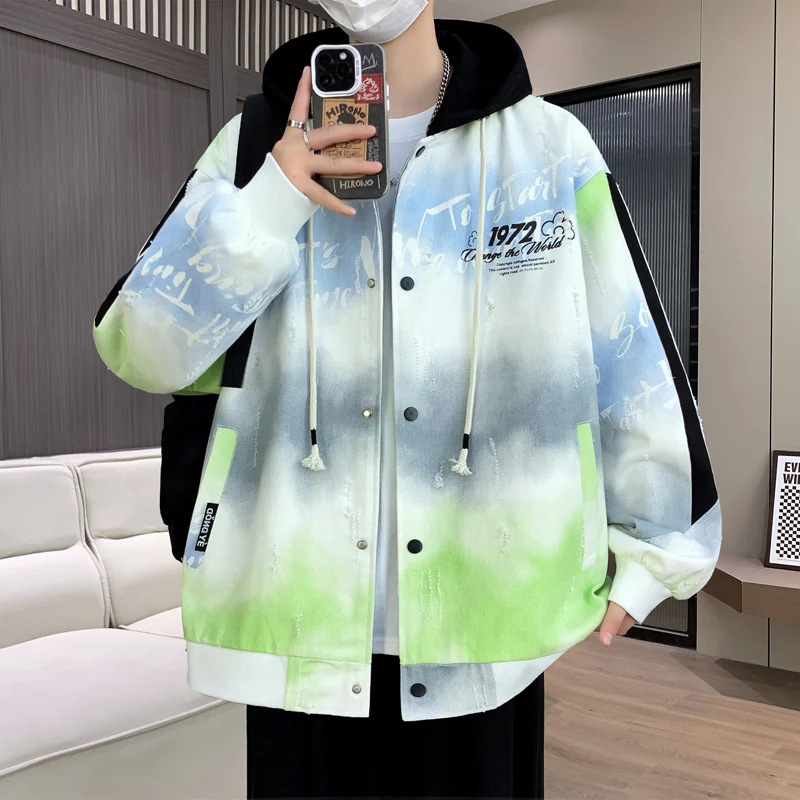 

Модные мужские повседневные однобортные куртки с капюшоном Tie-Dye, весенне-осенняя молодежная уличная одежда, свободные пальто, верхние рубашки, одежда