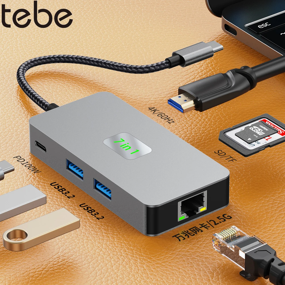 Tebe USB-C Docking Station Type-c to 4K HDMI-adapter RJ45 Gigabit 2.5G Ethernet USB 3.2 Hub Splitter SD/TF Card Reader PDW100W