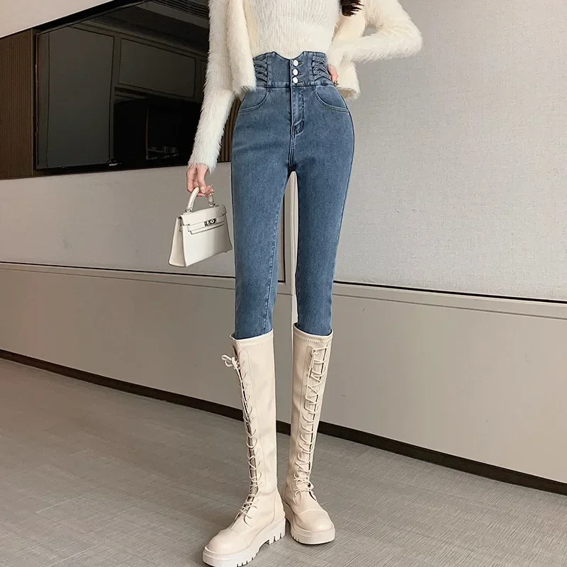 quality Skinny Pencil Jeans three Buttons Vintage High Waist Women Slim Stretch Denim Pants Tight Trousers Women's Pants