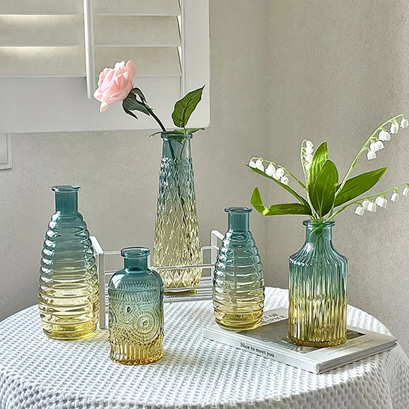 European Roman Relief Art Glass Vase Retro Transparent Glass Vase Mini Flower Bottle Hydroponic Systems Room Home Decoration