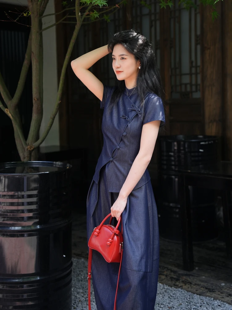 

Retro Chinese Sle Indigo Blue Women's Faion Set Summer Collar Button up Top Loose A-Line Skirt Denim Outfit Polyester Fiber