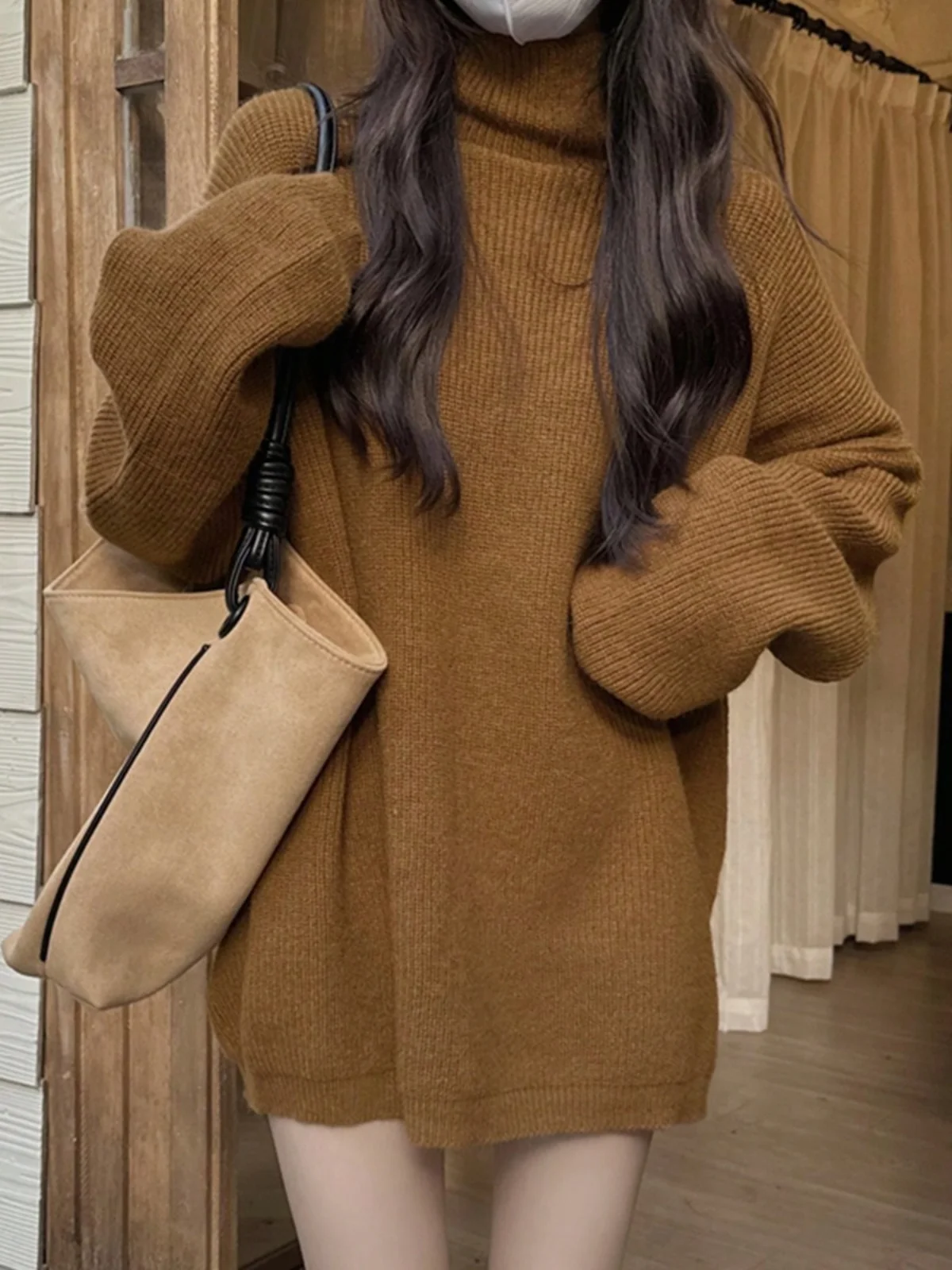 

Chic Autumn Winter High Collar Knitted Sweater Long Loose Women's Faion Girl Retro Lazy Sle Top Missing Bot Trendy