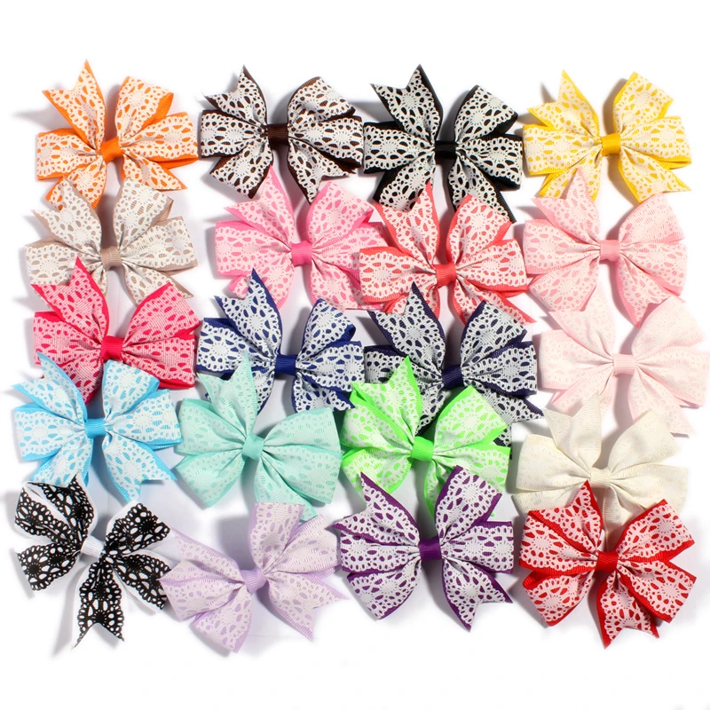 

120PC 8cm 20colors Boutique Threaded Ribbon Bows for Hair Accessories Lace Pattern Grosgrain Ribbon Flower Hair Bows with Clips