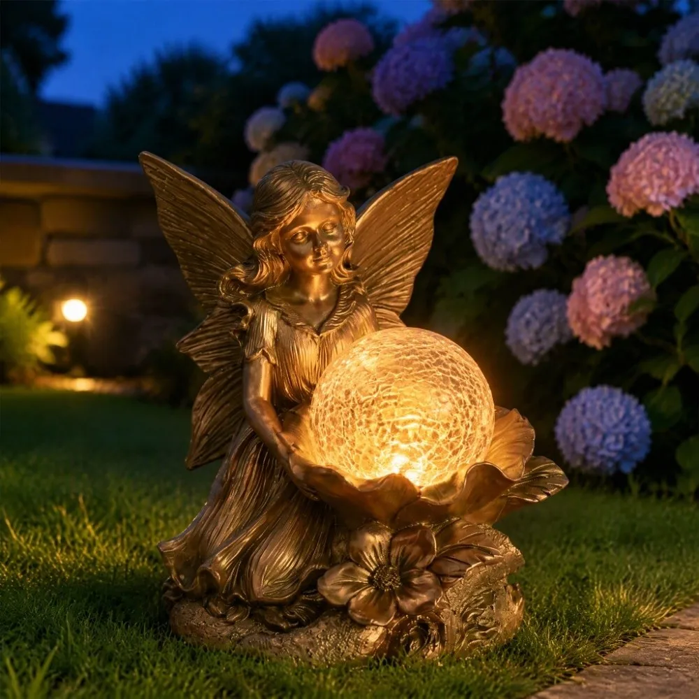 Charming Solar Powered Resin Statue Premium Resin Soft Light Solar Angel Lovely Sturdy Solar-powered lamp Outdoor Garden