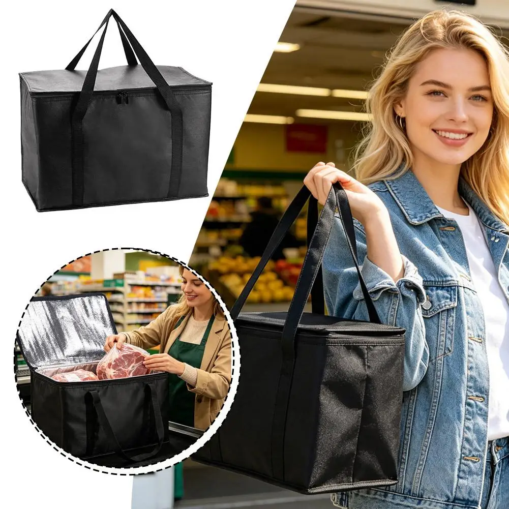 Portable Large Capacity Insulated Grocery Bags Reusable Foldable Cooler Bag Hot Cold Takeout Food Delivery Bag for Home&Outdoor