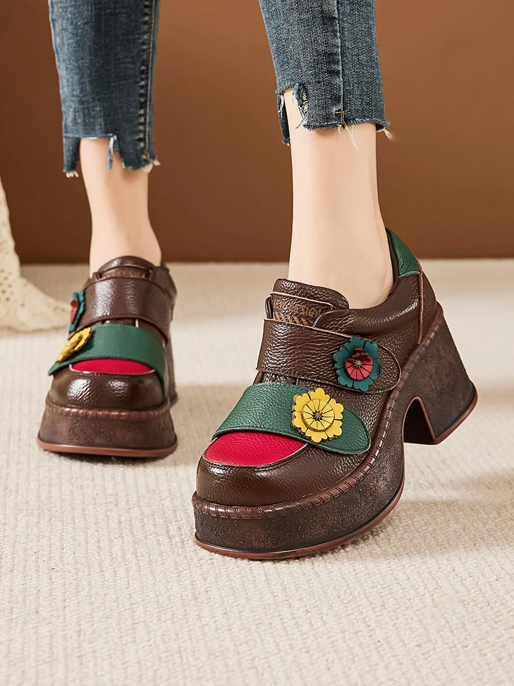 

Birkuir/Женская обувь на высоком каблуке 7 см в стиле ретро, туфли на плоской платформе и толстом каблуке, разноцветные роскошные туфли из натуральной кожи с петлями на крючках