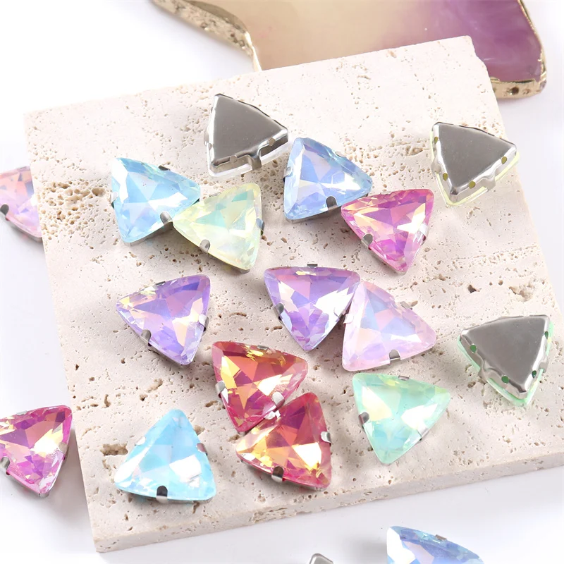 High quality Triangle Glass Sew On Rhinestone with sliver base Crystal stone for Sewing Crafts Garment Clothing Accessories