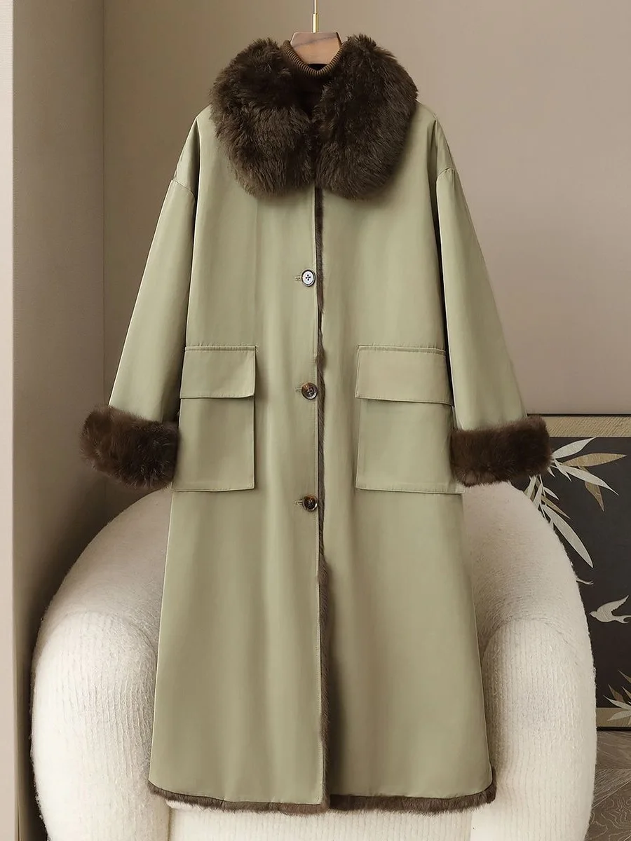 

Модное зимнее женское кожаное пальто средней длины с подкладкой из кроличьего меха, свободного кроя, для повседневной носки, 2026