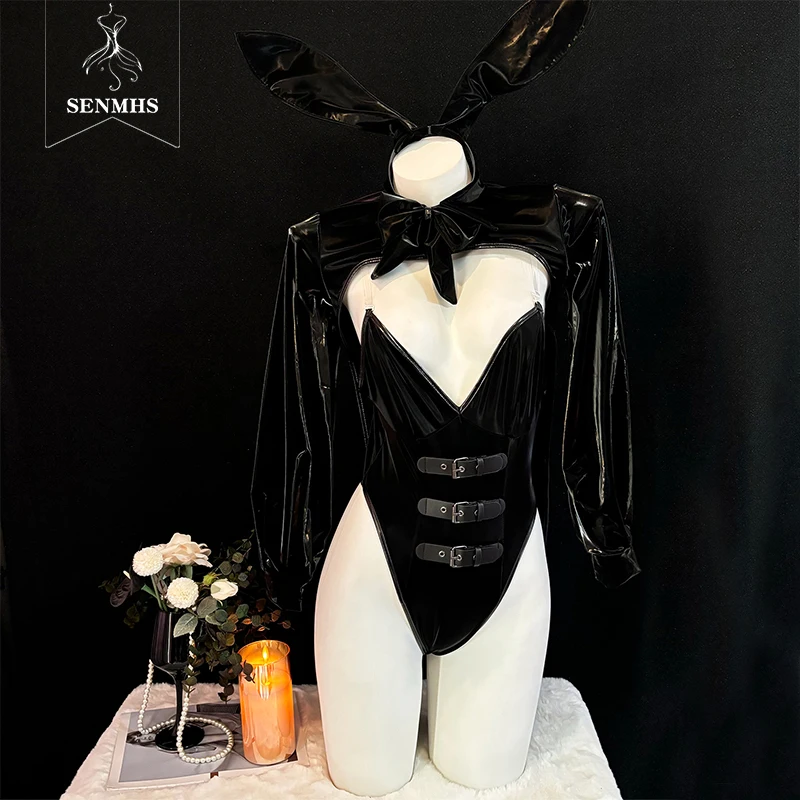 

SENMHS Original Dark Reign Maid Cosplay Costume Leather Leotard Elastic Bunny Girl Clothing Nightclub Party Halloween Costumes