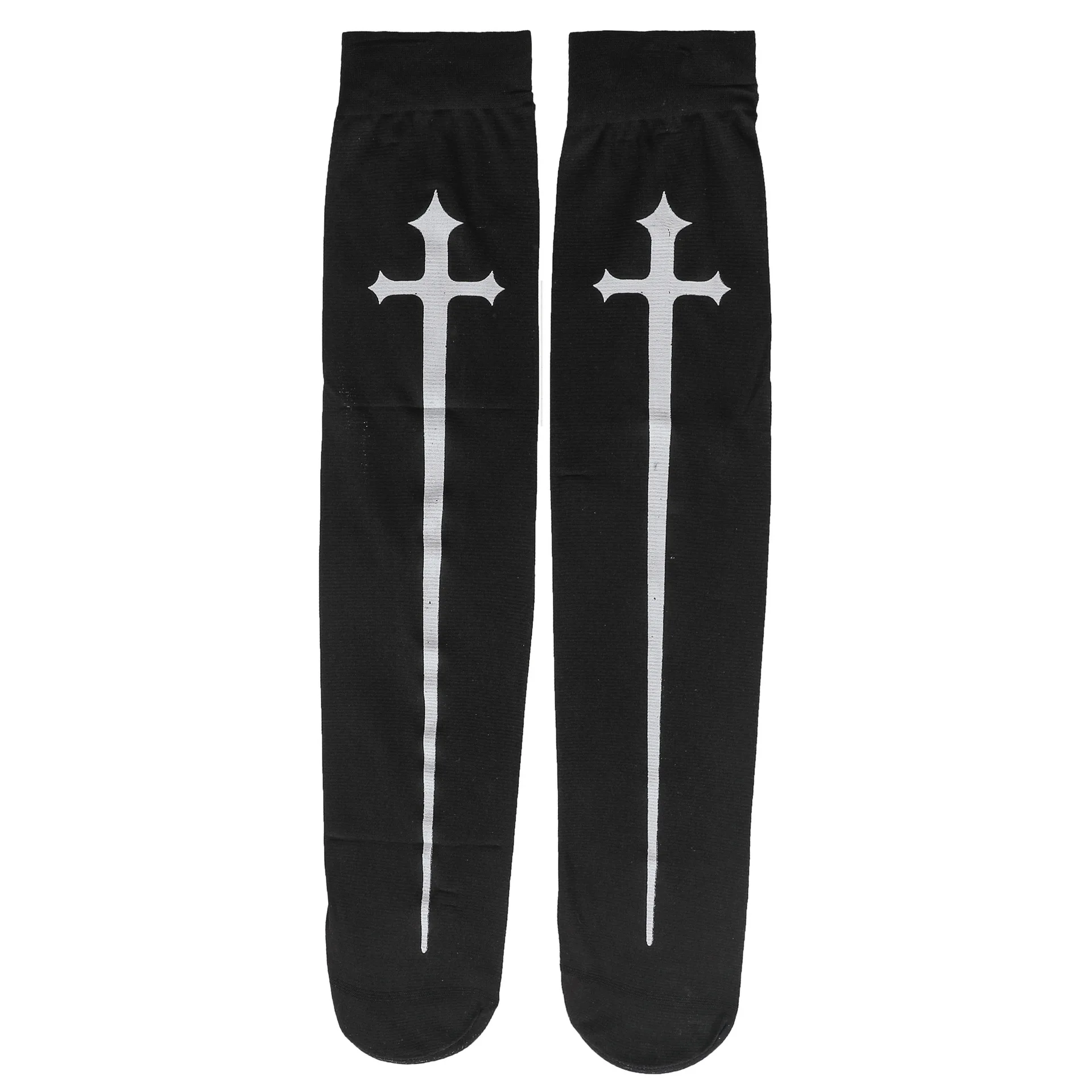 Gothic Cosplay Stockings Black White Halloween Party Accessories Crucifixion Print Stockings Makeup Ball Knee-high Nylon Socks 6